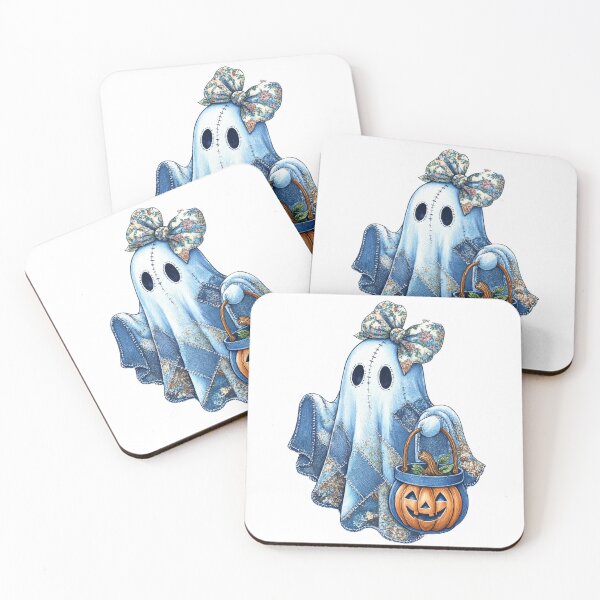 Item preview, Cute ghost in patchwork quilt costume with floral bow holds pumpkin basket, creating whimsical Halloween scene designed and sold by Lucky-jl.