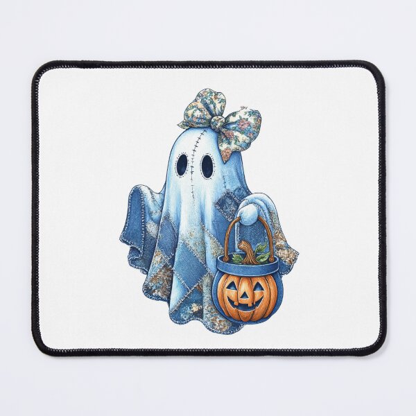 Item preview, Cute ghost in patchwork quilt costume with floral bow holds pumpkin basket, creating whimsical Halloween scene designed and sold by Lucky-jl.