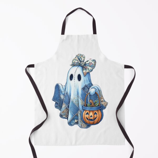 Item preview, Cute ghost in patchwork quilt costume with floral bow holds pumpkin basket, creating whimsical Halloween scene designed and sold by Lucky-jl.
