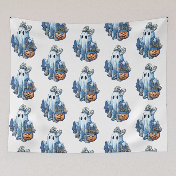 Item preview, Cute ghost in patchwork quilt costume with floral bow holds pumpkin basket, creating whimsical Halloween scene designed and sold by Lucky-jl.
