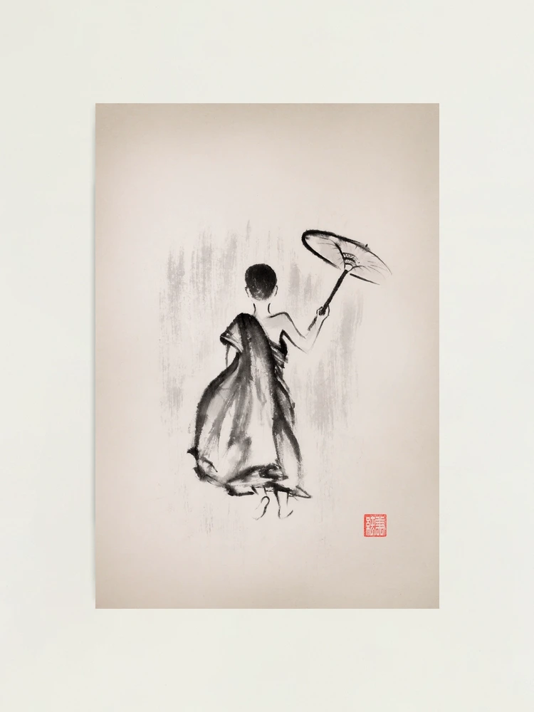 Young monk walking with an umbrella under rain Japanese Zen