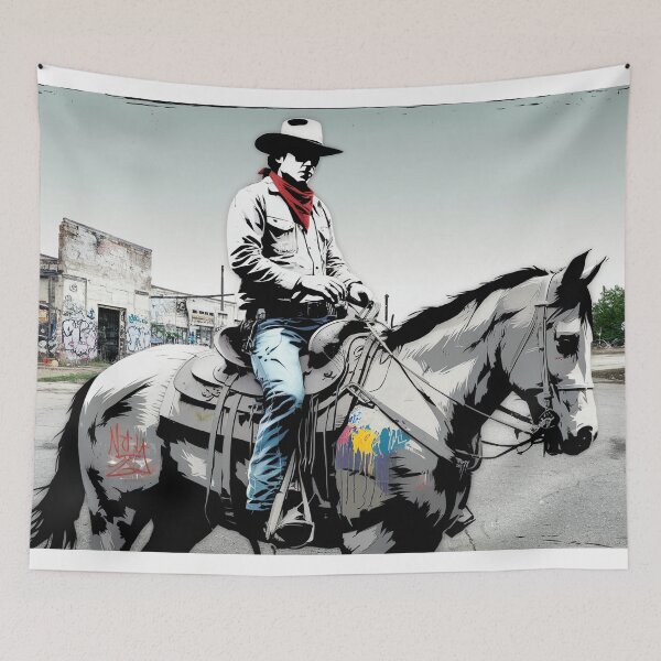 Item preview, Urban Cowboy Graffiti Wall Art – Monochrome Western Canvas designed and sold by jazzyfunky.