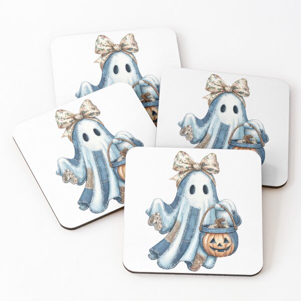 Item preview, Cute ghost with floral bow and patchwork design holds pumpkin bucket, evoking whimsical Halloween spirit designed and sold by Lucky-jl.