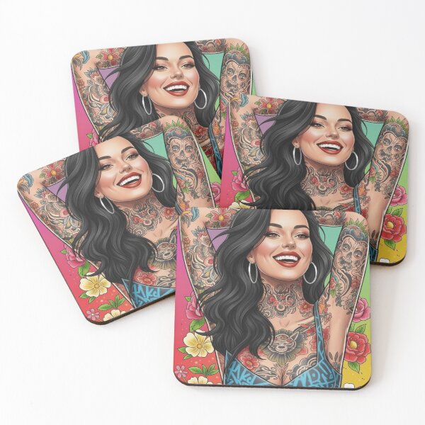 Item preview, Smiling tattooed woman in comic style with flower background designed and sold by Planet Utoppia.