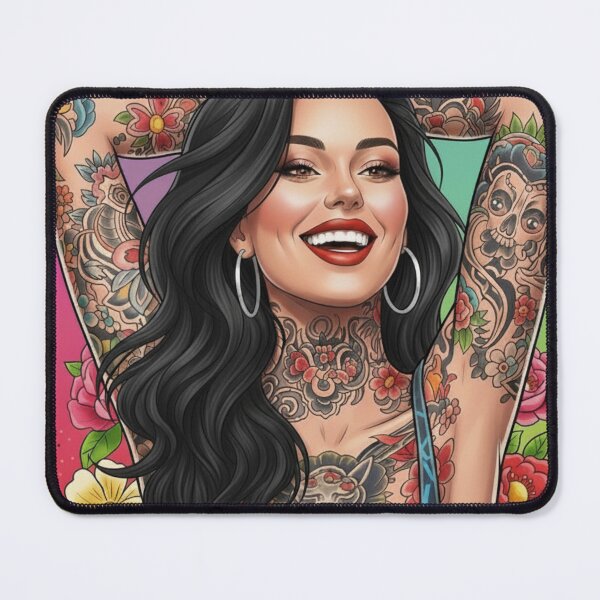 Item preview, Smiling tattooed woman in comic style with flower background designed and sold by Planet Utoppia.