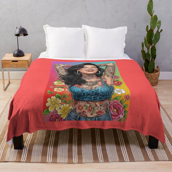 Item preview, Smiling tattooed woman in comic style with flower background designed and sold by Planet Utoppia.