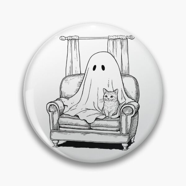 Item preview, Ghostly figure draped in sheet sits on couch beside curious cat, creating whimsical and spooky scene designed and sold by Lucky-jl.