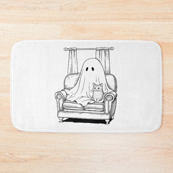 Item preview, Ghostly figure draped in sheet sits on couch beside curious cat, creating whimsical and spooky scene designed and sold by Lucky-jl.