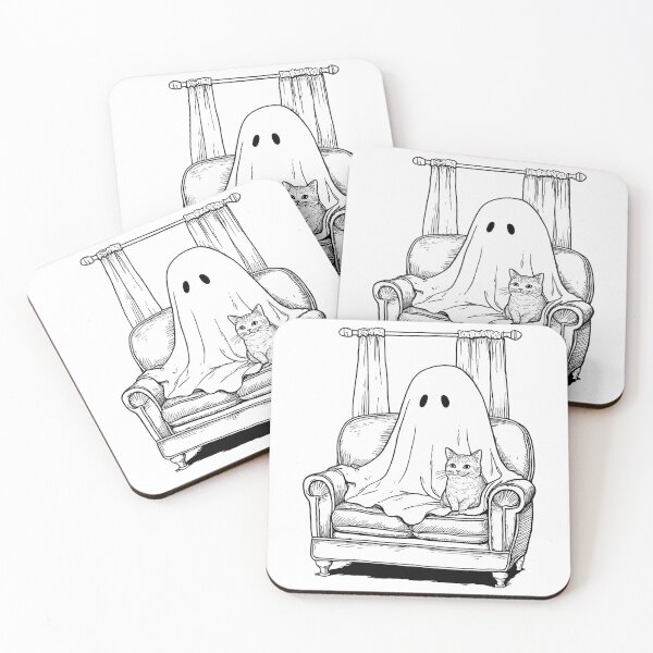 Item preview, Ghostly figure draped in sheet sits on couch beside curious cat, creating whimsical and spooky scene designed and sold by Lucky-jl.