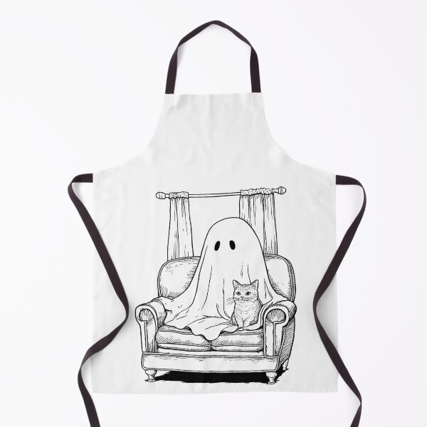 Item preview, Ghostly figure draped in sheet sits on couch beside curious cat, creating whimsical and spooky scene designed and sold by Lucky-jl.