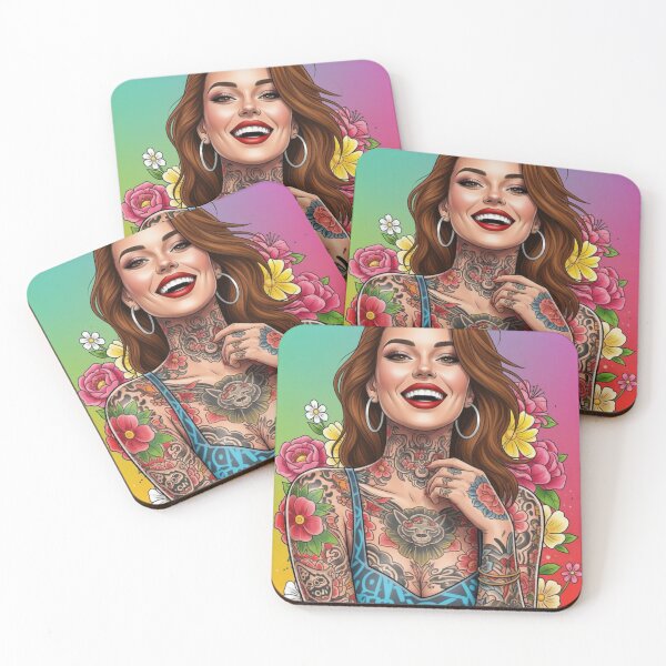 Item preview, Smiling tattooed woman in comic style with flower background designed and sold by Planet Utoppia.