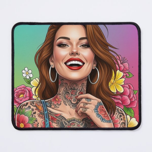 Item preview, Smiling tattooed woman in comic style with flower background designed and sold by Planet Utoppia.
