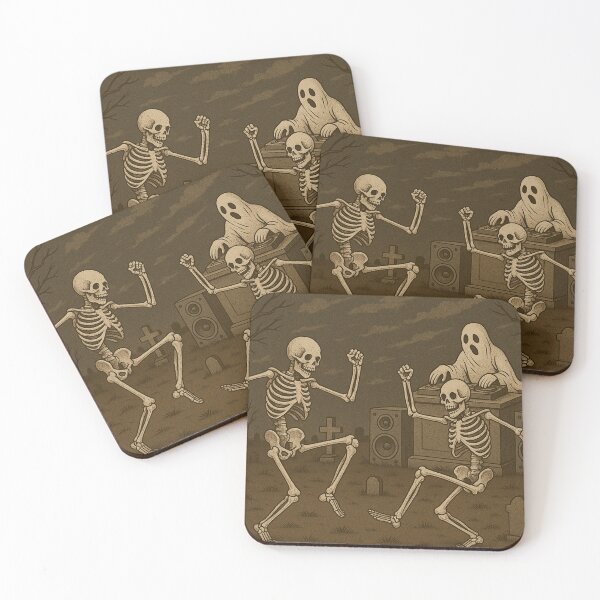Item preview, The Danse Macabre Party – Two Skeletons and Ghost DJ in Retro Halloween Horror Graveyard Art designed and sold by SablePL.