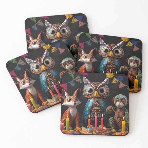 Item preview, Alebrije Style Fiesta Animals: Folk Art Owl, Fox, and Monkey Celebration designed and sold by VibranPalette.