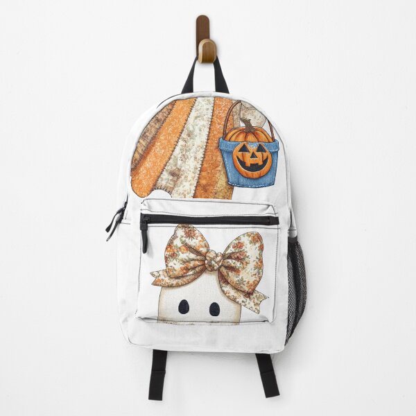 Item preview, Cute ghost with floral bow and patchwork dress holds pumpkin bucket designed and sold by Lucky-jl.