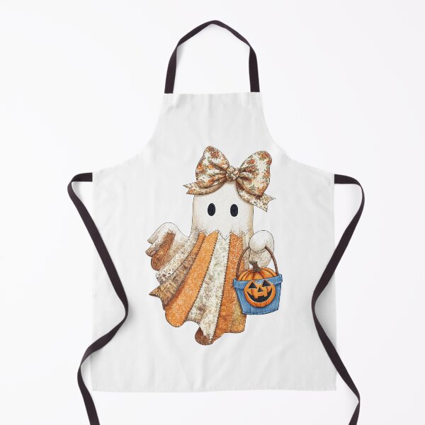 Item preview, Cute ghost with floral bow and patchwork dress holds pumpkin bucket designed and sold by Lucky-jl.