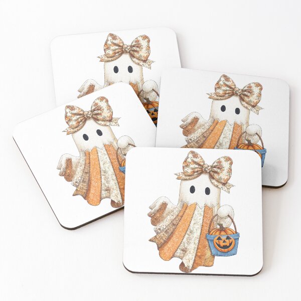 Item preview, Cute ghost with floral bow and patchwork dress holds pumpkin bucket designed and sold by Lucky-jl.