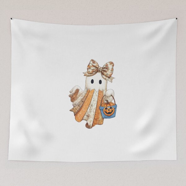 Item preview, Cute ghost with floral bow and patchwork dress holds pumpkin bucket designed and sold by Lucky-jl.