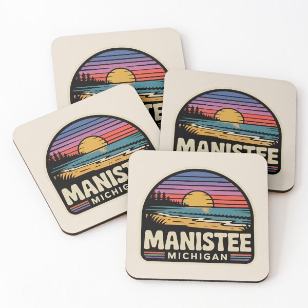 Item preview, Manistee Michigan Retro Sunset Beach Emblem designed and sold by TheOldMittenIllustrated.