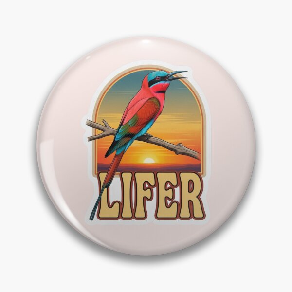 Item preview, Northern Carmine Bee-eater LIFER – Retro Birdwatching Sticker designed and sold by The Digital Compass.
