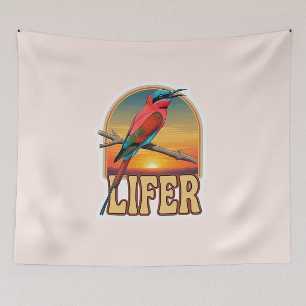 Item preview, Northern Carmine Bee-eater LIFER – Retro Birdwatching Sticker designed and sold by The Digital Compass.