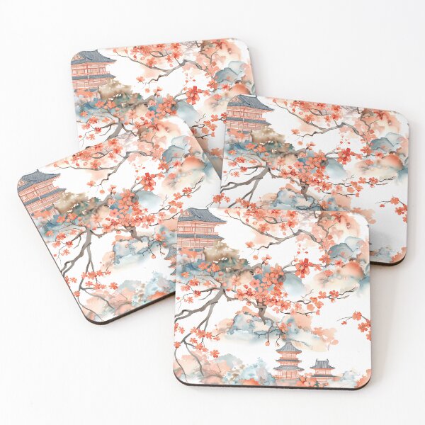 Item preview, Japanese Cherry Blossoms & Pagoda – Watercolor Oriental Landscape Art designed and sold by Everyonechoise.