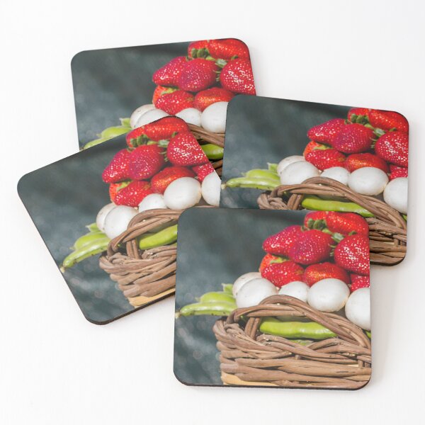 Item preview, Vibrant Strawberry Basket With White Eggs and Green Peppers in a Rustic Woven Basket designed and sold by Nmallia.