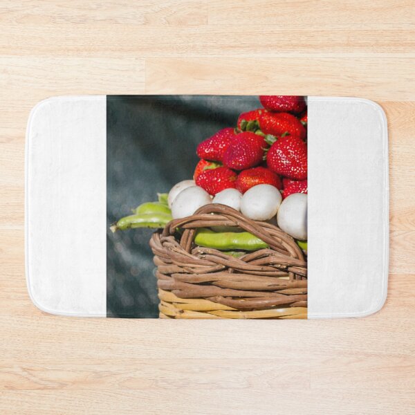 Item preview, Vibrant Strawberry Basket With White Eggs and Green Peppers in a Rustic Woven Basket designed and sold by Nmallia.