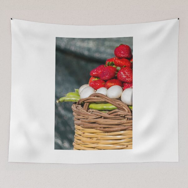 Item preview, Vibrant Strawberry Basket With White Eggs and Green Peppers in a Rustic Woven Basket designed and sold by Nmallia.
