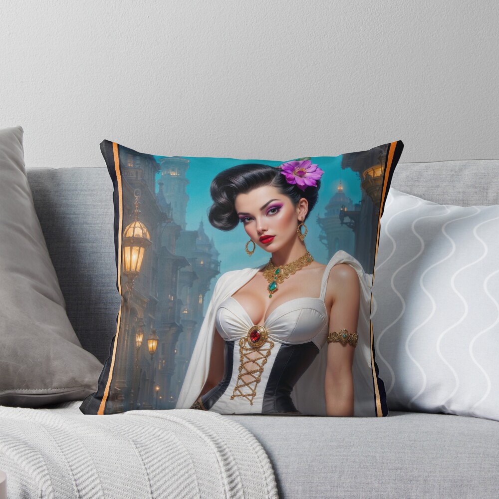 Baroque Beauty, Valeriana Corvus Portrait Illustration Captivating AI Concept Art by Xzendor7 Decorative Art Print Throw Pillow
