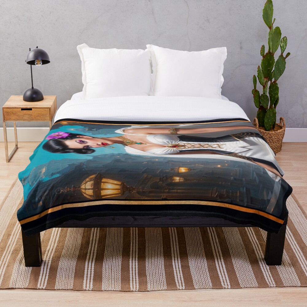 Baroque Beauty, Valeriana Corvus Portrait Illustration Captivating AI Concept Art by Xzendor7 Decorative Art Print Throw Blanket