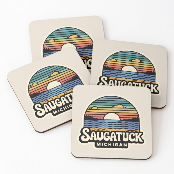 Item preview, Saugatuck Michigan Retro Sunset Beach Emblem designed and sold by TheOldMittenIllustrated.