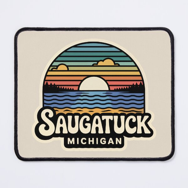 Item preview, Saugatuck Michigan Retro Sunset Beach Emblem designed and sold by TheOldMittenIllustrated.