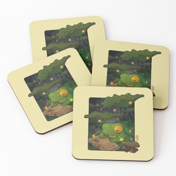 Item preview, Cozy Lofi Frog Reading with Fireflies Asian Illustration designed and sold by DingHuArt.
