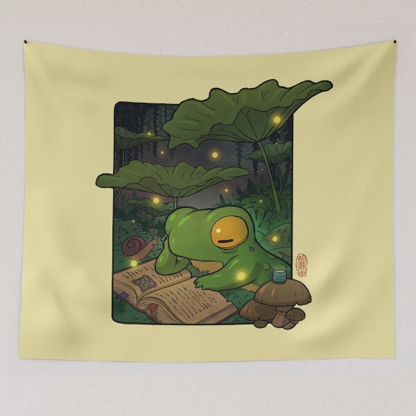 Item preview, Cozy Lofi Frog Reading with Fireflies Asian Illustration designed and sold by DingHuArt.
