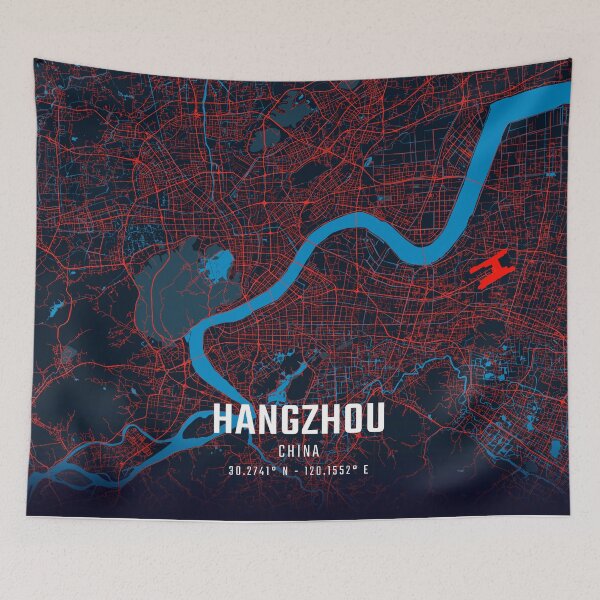 Item preview, Hangzhou Red & Blue Minimalist Map designed and sold by HomeLivingCo.