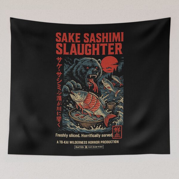 Item preview, Sake Sashimi Slaughter – Retro Japanese Horror Poster designed and sold by DreamCraze.