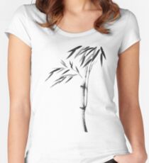 Japanese Zen painting of Bamboo stalk with leaves black ink on white rice paper art print Women's Fitted Scoop T-Shirt