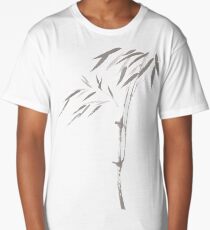 Light gray illustration of a bamboo stalk with leaves Japanese Zen Sumi-e artwork art print Long T-Shirt