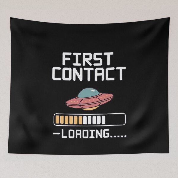 Item preview, First Contact Loading Retro UFO Sci-Fi Humor designed and sold by DeesDeesigns.