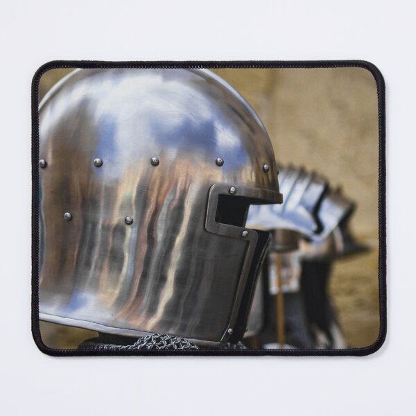 Item preview, Shiny Medieval Knight Helmet With Visor And Chainmail Displayed In Parade designed and sold by Nmallia.