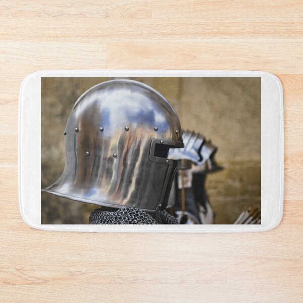 Item preview, Shiny Medieval Knight Helmet With Visor And Chainmail Displayed In Parade designed and sold by Nmallia.