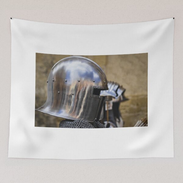 Item preview, Shiny Medieval Knight Helmet With Visor And Chainmail Displayed In Parade designed and sold by Nmallia.