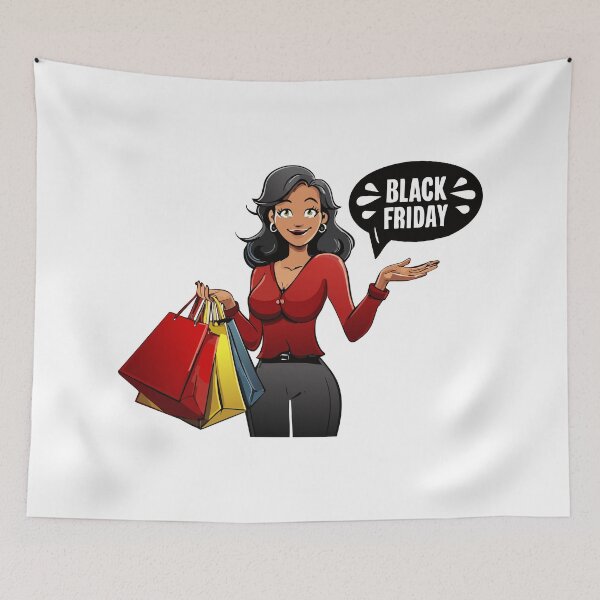 Item preview, A smiling Woman Shopping with Black Friday Bags, Happy woman shopping in mall carrying multiple bags. Cartoon vector illustration of female shopper on Black Friday sale, designed and sold by Danler.