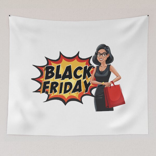 Item preview, A smiling Woman Shopping with Black Friday Bags, Happy woman shopping in mall carrying multiple bags. Cartoon vector illustration of female shopper on Black Friday sale, designed and sold by Danler.