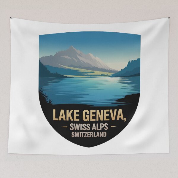 Artikelvorschau, Genfersee Schweiz Schild – Vintage Reisedesign mit Schweizer Alpenlandschaft entworfen und verkauft von VividOrganica.