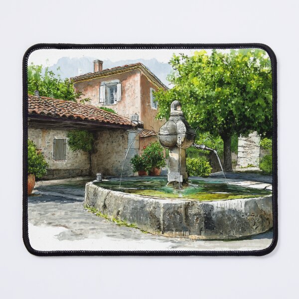 Item preview, Provencal Fountain Watercolor – Rustic French Village Art with Stone House and Trees designed and sold by mliotard.
