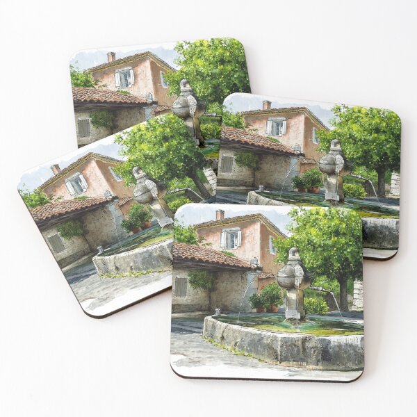 Item preview, Provencal Fountain Watercolor – Rustic French Village Art with Stone House and Trees designed and sold by mliotard.