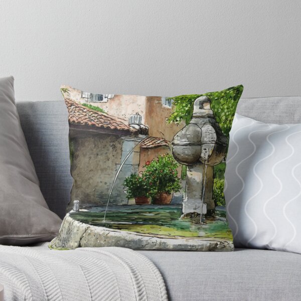 Item preview, Provencal Fountain Watercolor – Rustic French Village Art with Stone House and Trees designed and sold by mliotard.