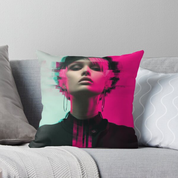 Item preview, Surreal Neon Glitch Fashion Portrait with Pink Hair designed and sold by TheColorKey.